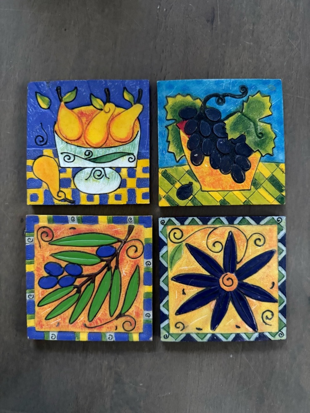Vintage 3 7/8" Square Blue Tile Coasters Fruit and Flowers Set of 4